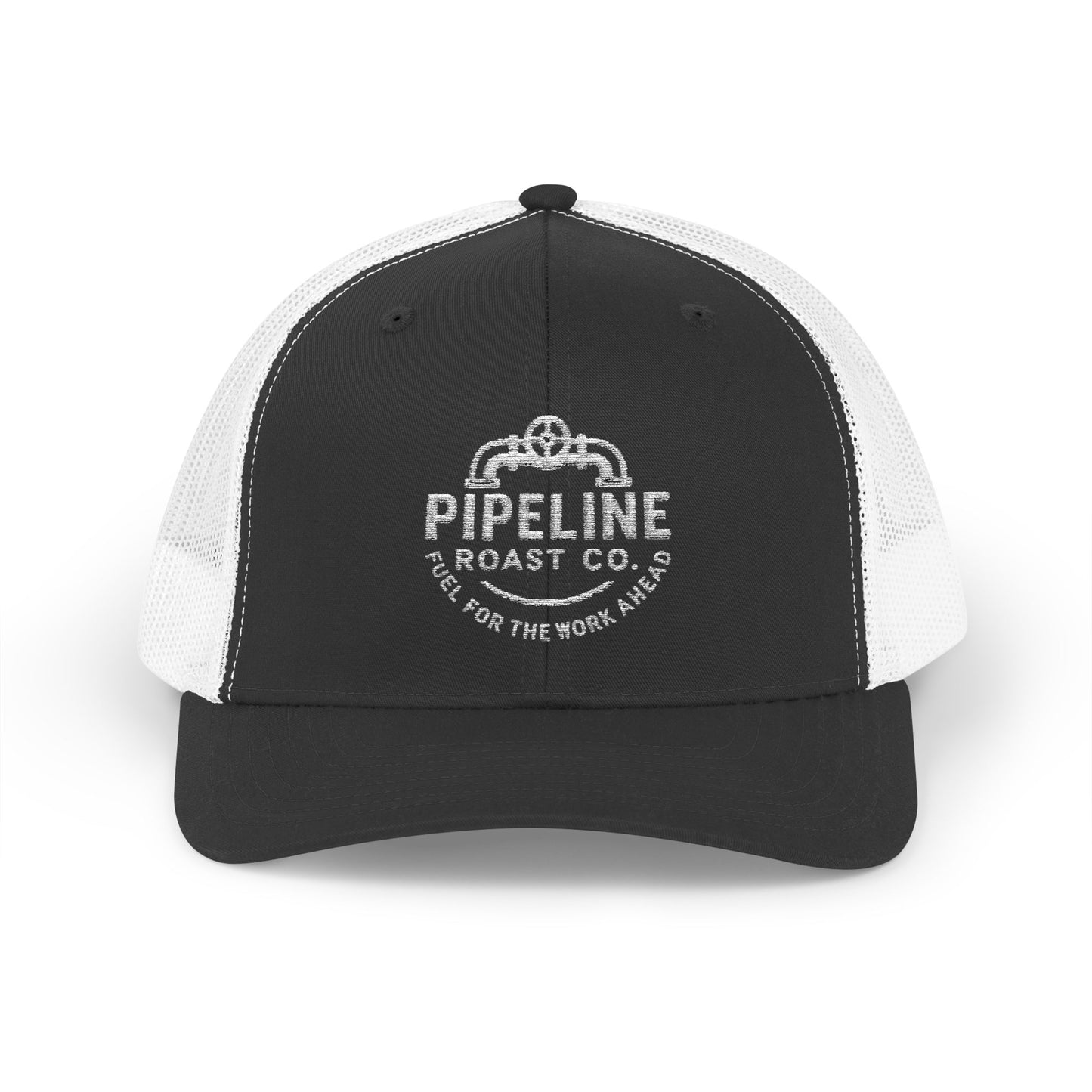 Pipeline Roast Co. Trucker Hat – Snapback Mesh Back Cap with Embroidered Logo, Adjustable Mid-Profile Design