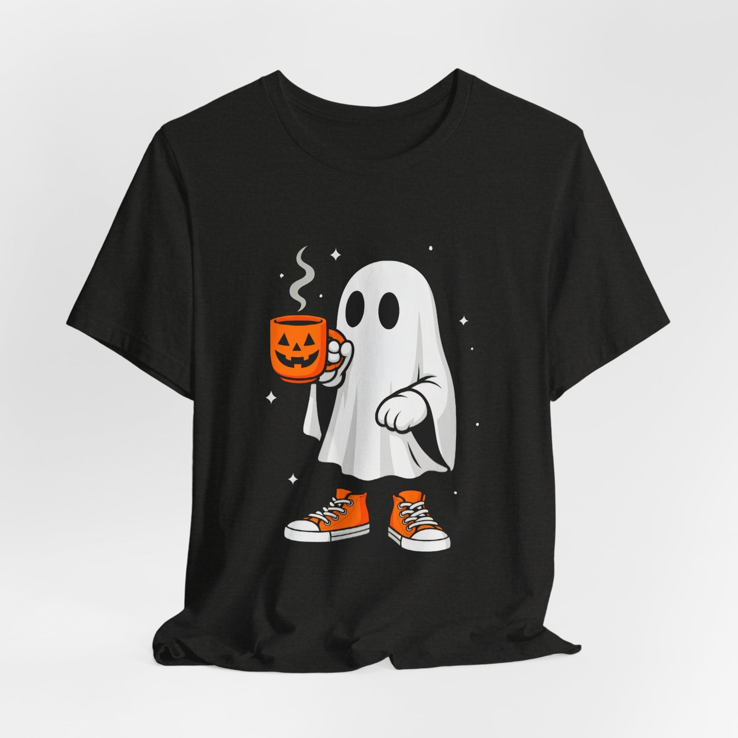 Halloween Ghost Graphic Tee, Spooky T-Shirt, Unisex Short Sleeve Shirt, Fall Fashion, Pumpkin Mug Design