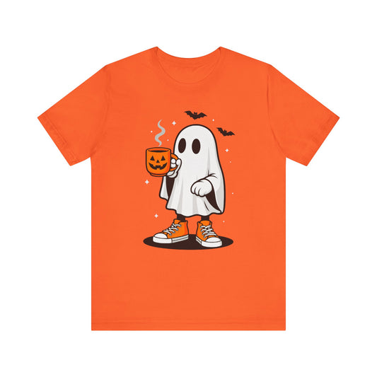 Halloween Ghost Graphic Tee, Spooky T-Shirt, Unisex Short Sleeve Shirt, Fall Fashion, Pumpkin Mug Design