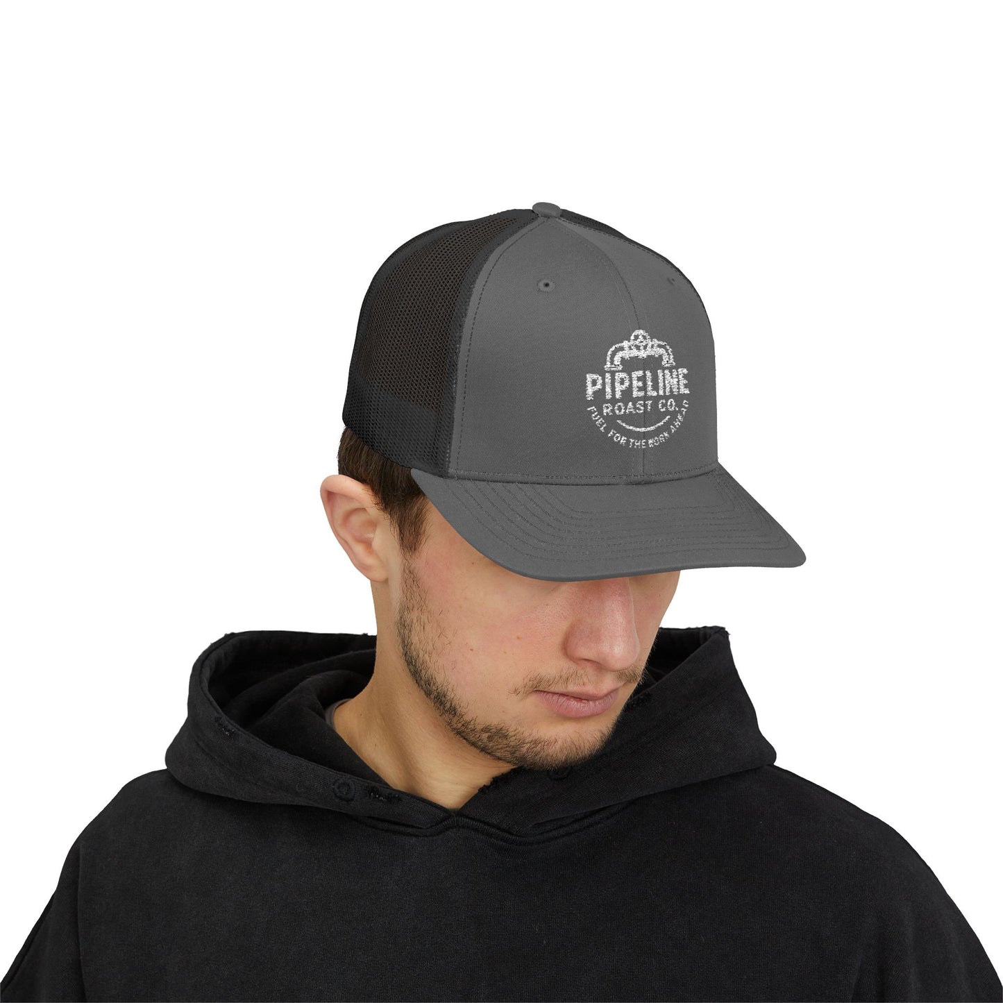 Pipeline Roast Co. Trucker Hat – Snapback Mesh Back Cap with Embroidered Logo, Adjustable Mid-Profile Design