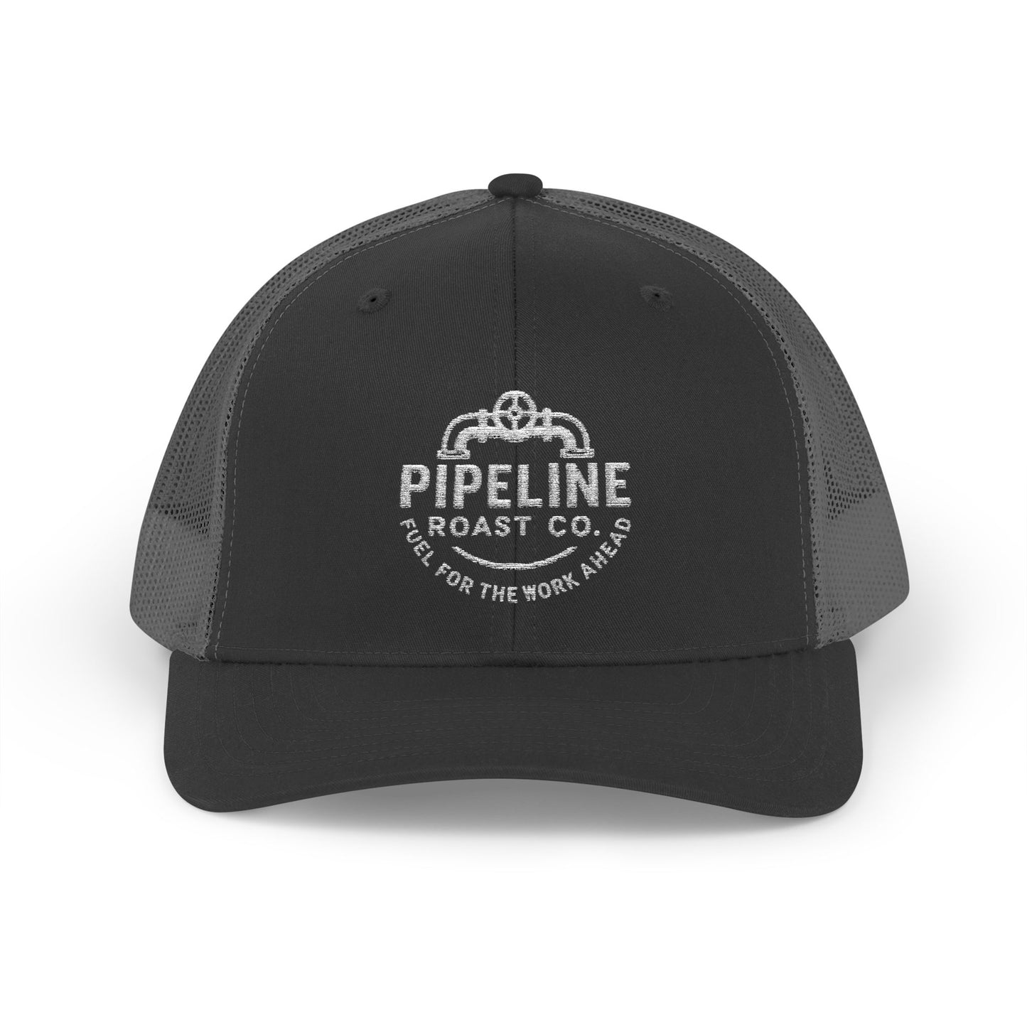 Pipeline Roast Co. Trucker Hat – Snapback Mesh Back Cap with Embroidered Logo, Adjustable Mid-Profile Design