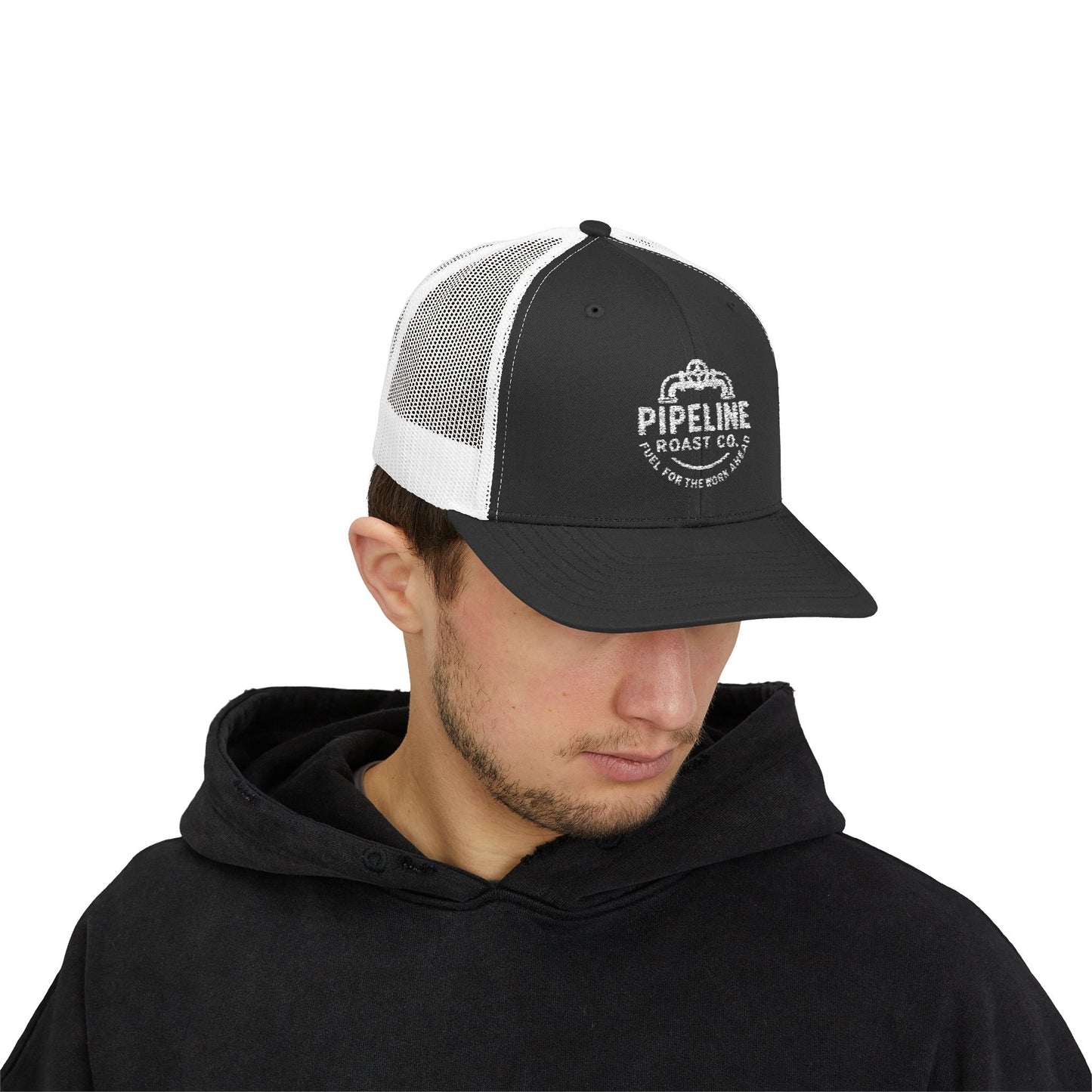 Pipeline Roast Co. Trucker Hat – Snapback Mesh Back Cap with Embroidered Logo, Adjustable Mid-Profile Design