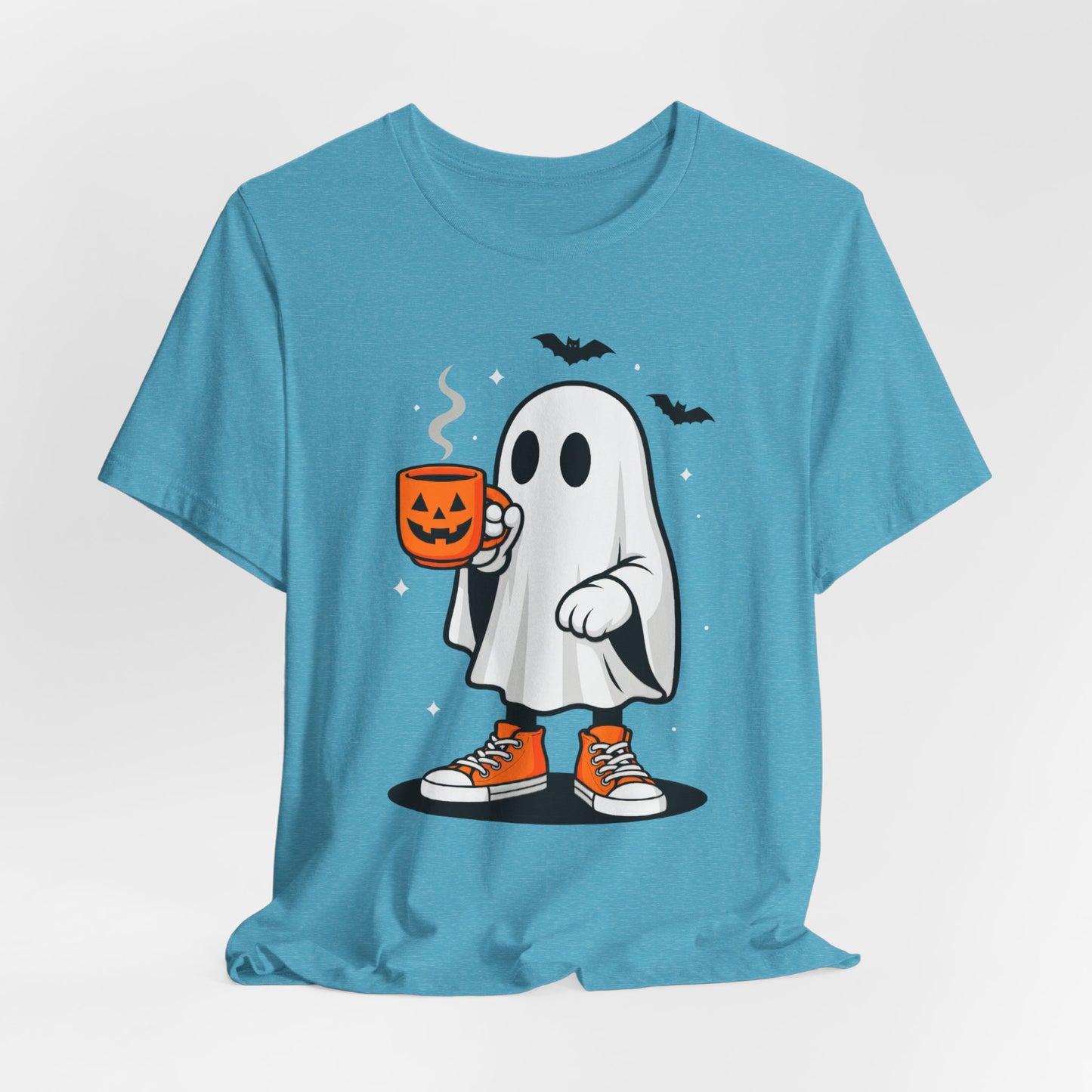 Halloween Ghost Graphic Tee, Spooky T-Shirt, Unisex Short Sleeve Shirt, Fall Fashion, Pumpkin Mug Design