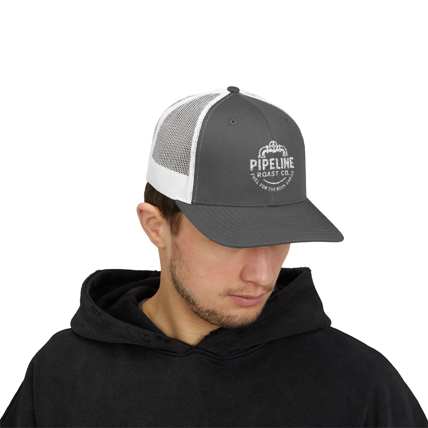 Pipeline Roast Co. Trucker Hat – Snapback Mesh Back Cap with Embroidered Logo, Adjustable Mid-Profile Design