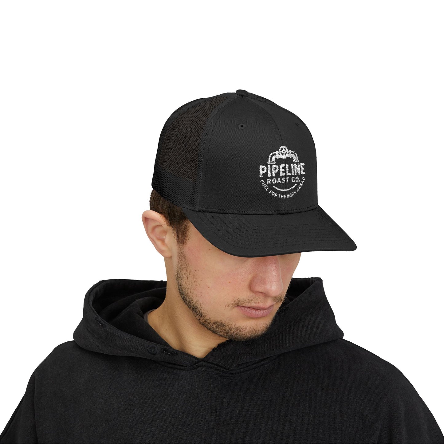 Pipeline Roast Co. Trucker Hat – Snapback Mesh Back Cap with Embroidered Logo, Adjustable Mid-Profile Design