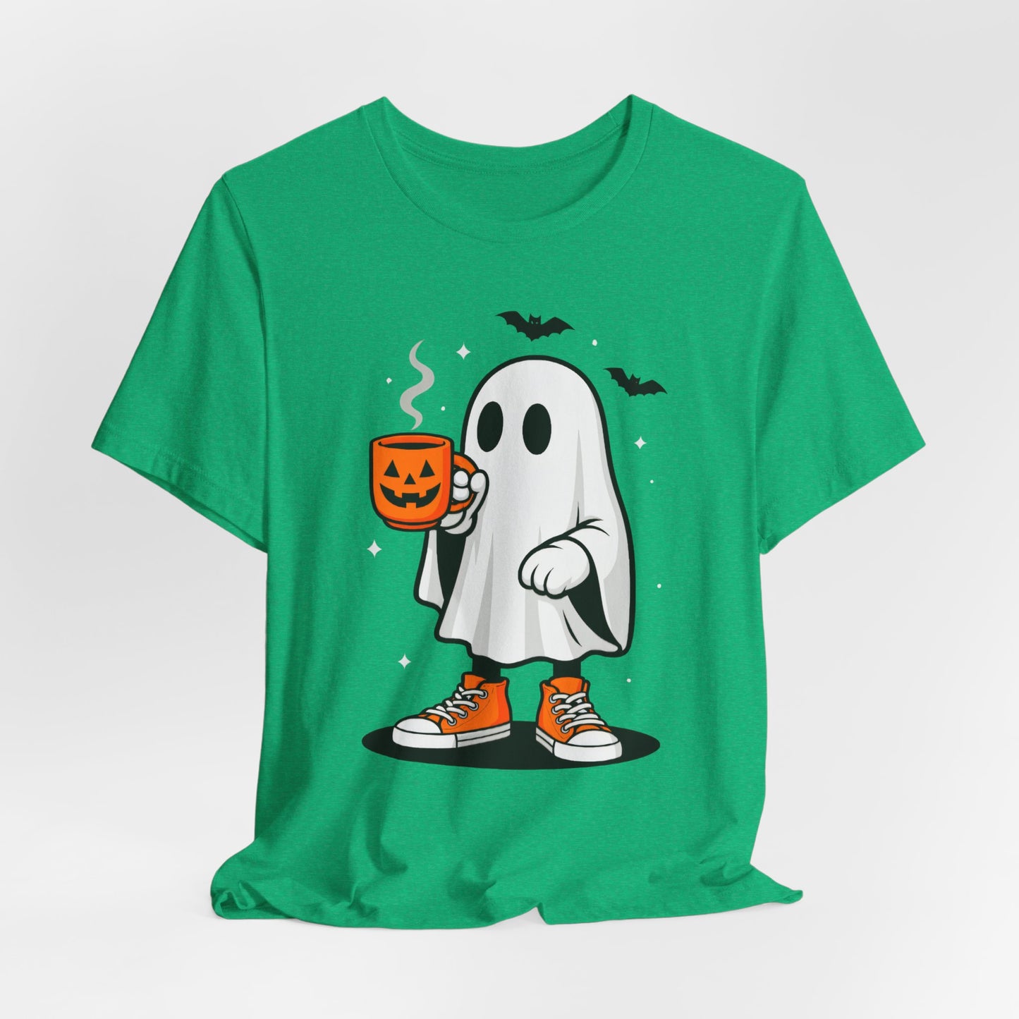 Halloween Ghost Graphic Tee, Spooky T-Shirt, Unisex Short Sleeve Shirt, Fall Fashion, Pumpkin Mug Design