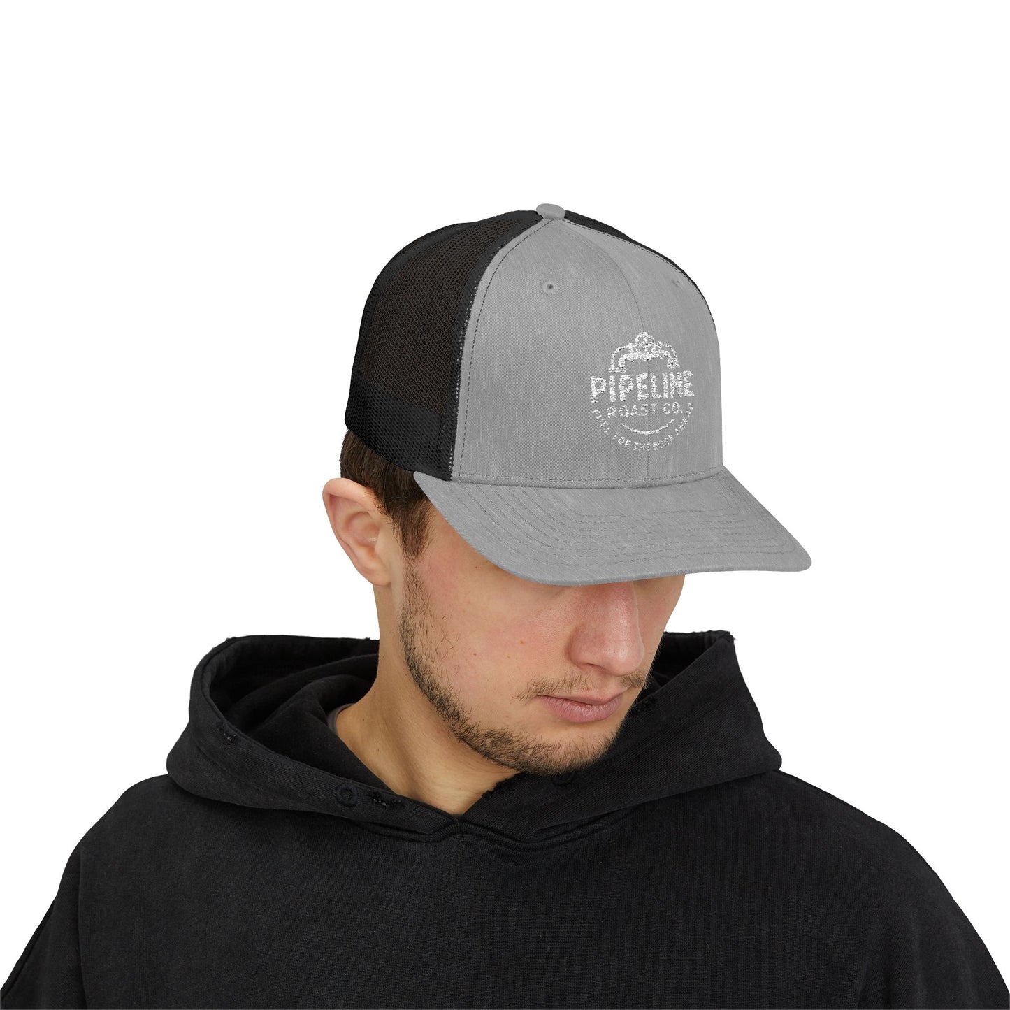 Pipeline Roast Co. Trucker Hat – Snapback Mesh Back Cap with Embroidered Logo, Adjustable Mid-Profile Design