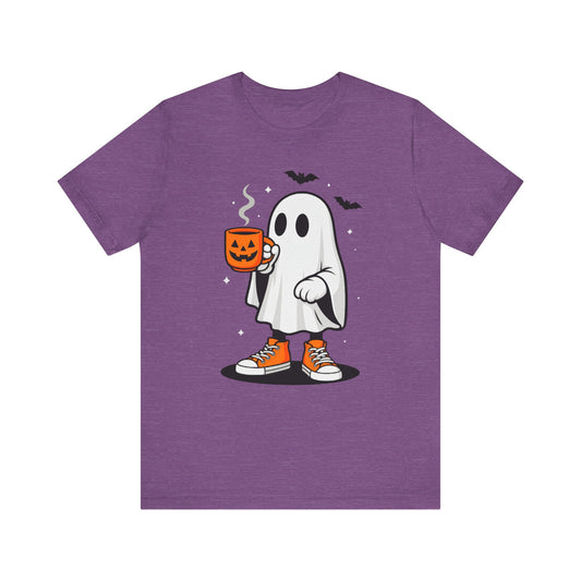 Halloween Ghost Graphic Tee, Spooky T-Shirt, Unisex Short Sleeve Shirt, Fall Fashion, Pumpkin Mug Design