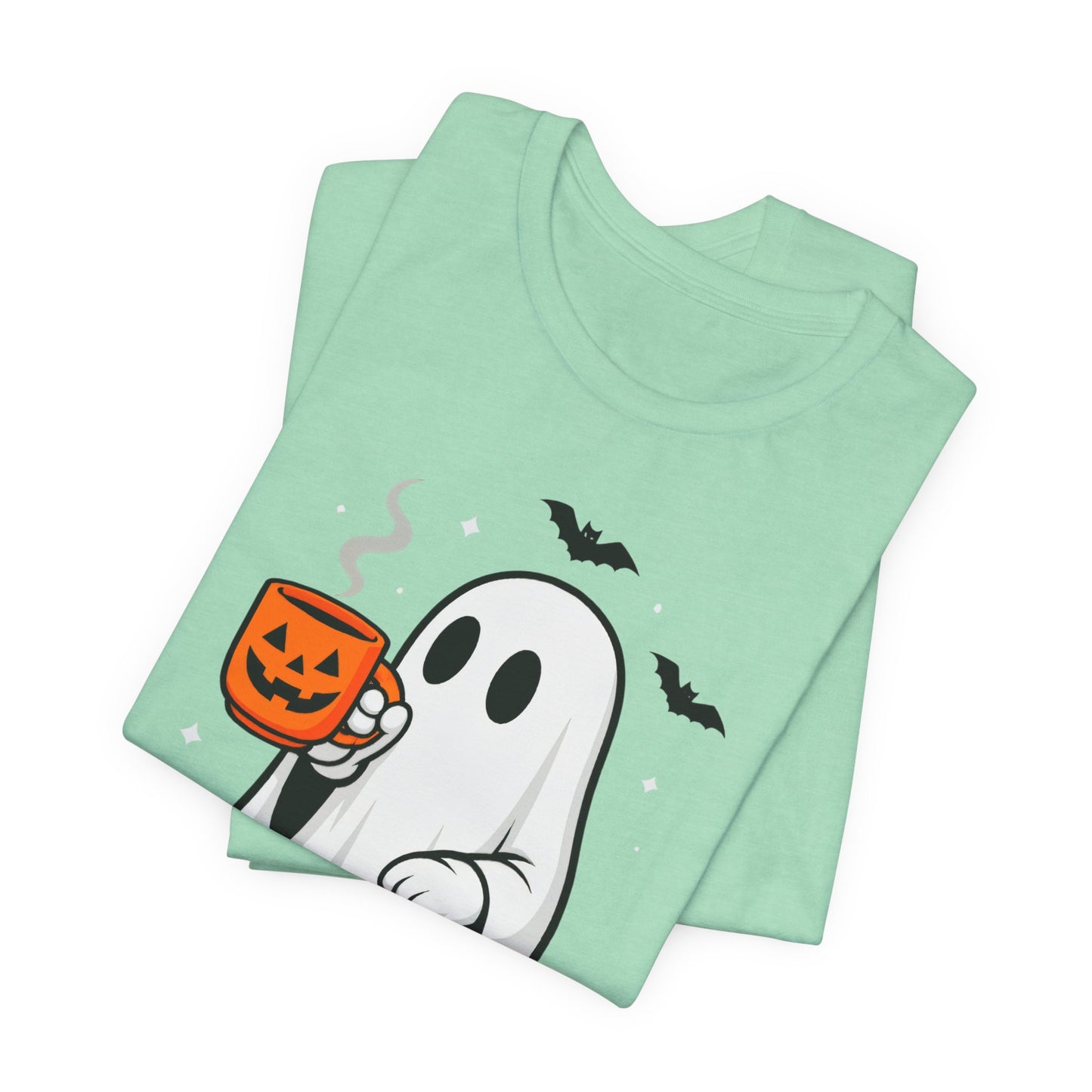 Halloween Ghost Graphic Tee, Spooky T-Shirt, Unisex Short Sleeve Shirt, Fall Fashion, Pumpkin Mug Design