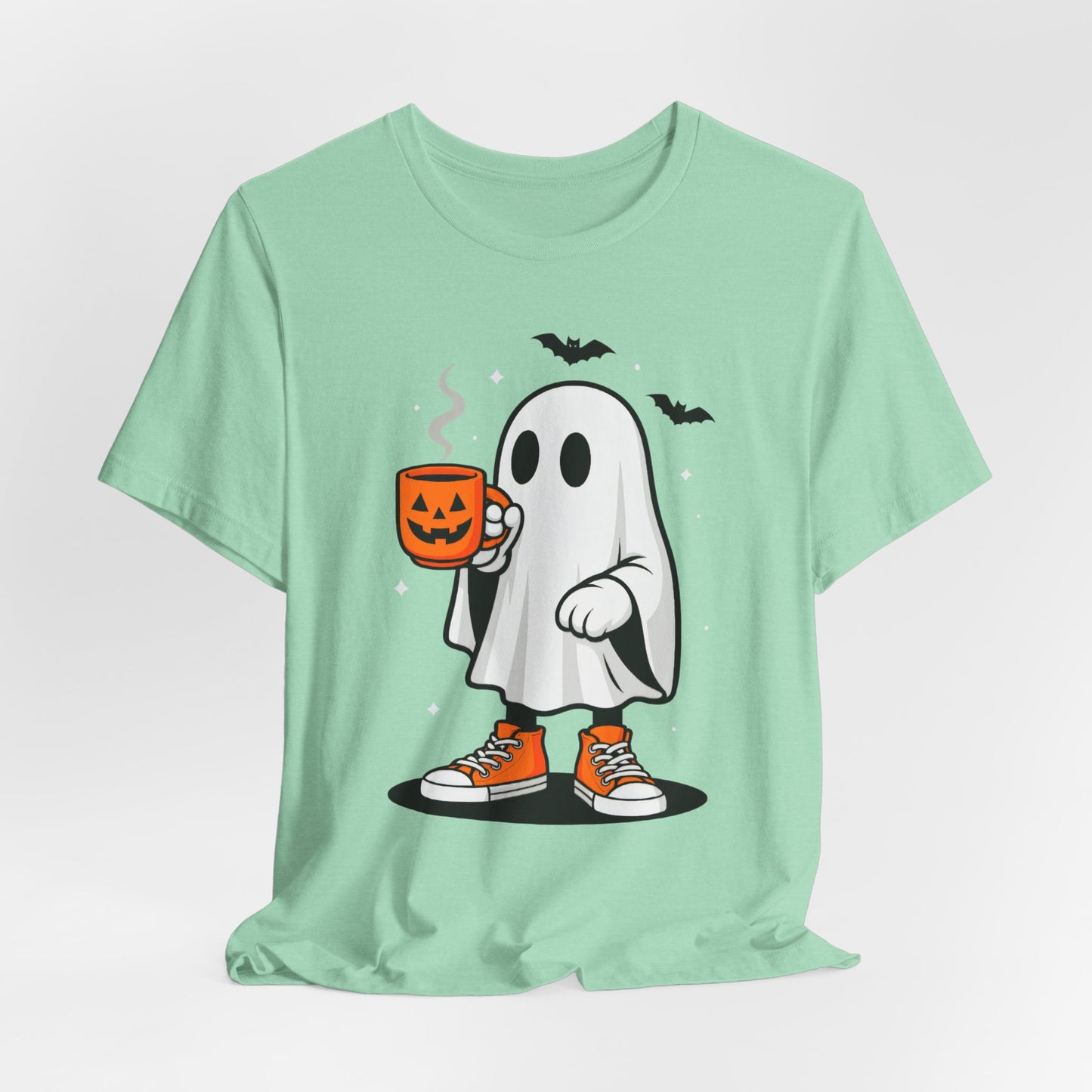 Halloween Ghost Graphic Tee, Spooky T-Shirt, Unisex Short Sleeve Shirt, Fall Fashion, Pumpkin Mug Design