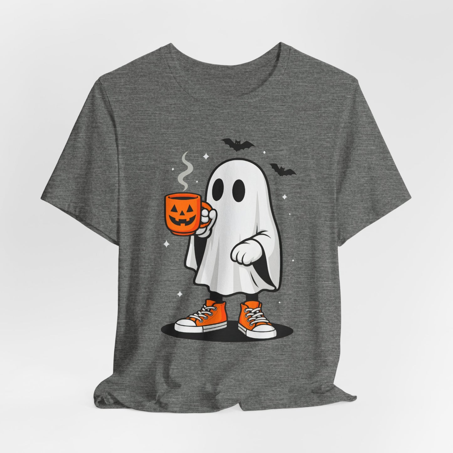 Halloween Ghost Graphic Tee, Spooky T-Shirt, Unisex Short Sleeve Shirt, Fall Fashion, Pumpkin Mug Design