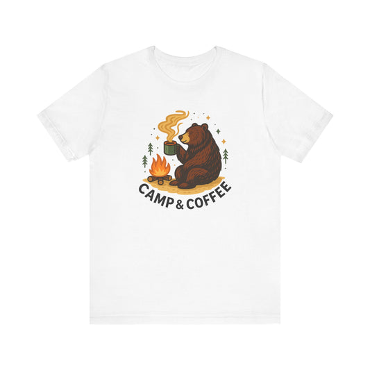 Cozy Campfire T-Shirt, Bear Graphic Tee, Outdoorsy Shirt, Coffee Lovers Gift, Adventure Clothing, Father's Day, Summer Camping Gear