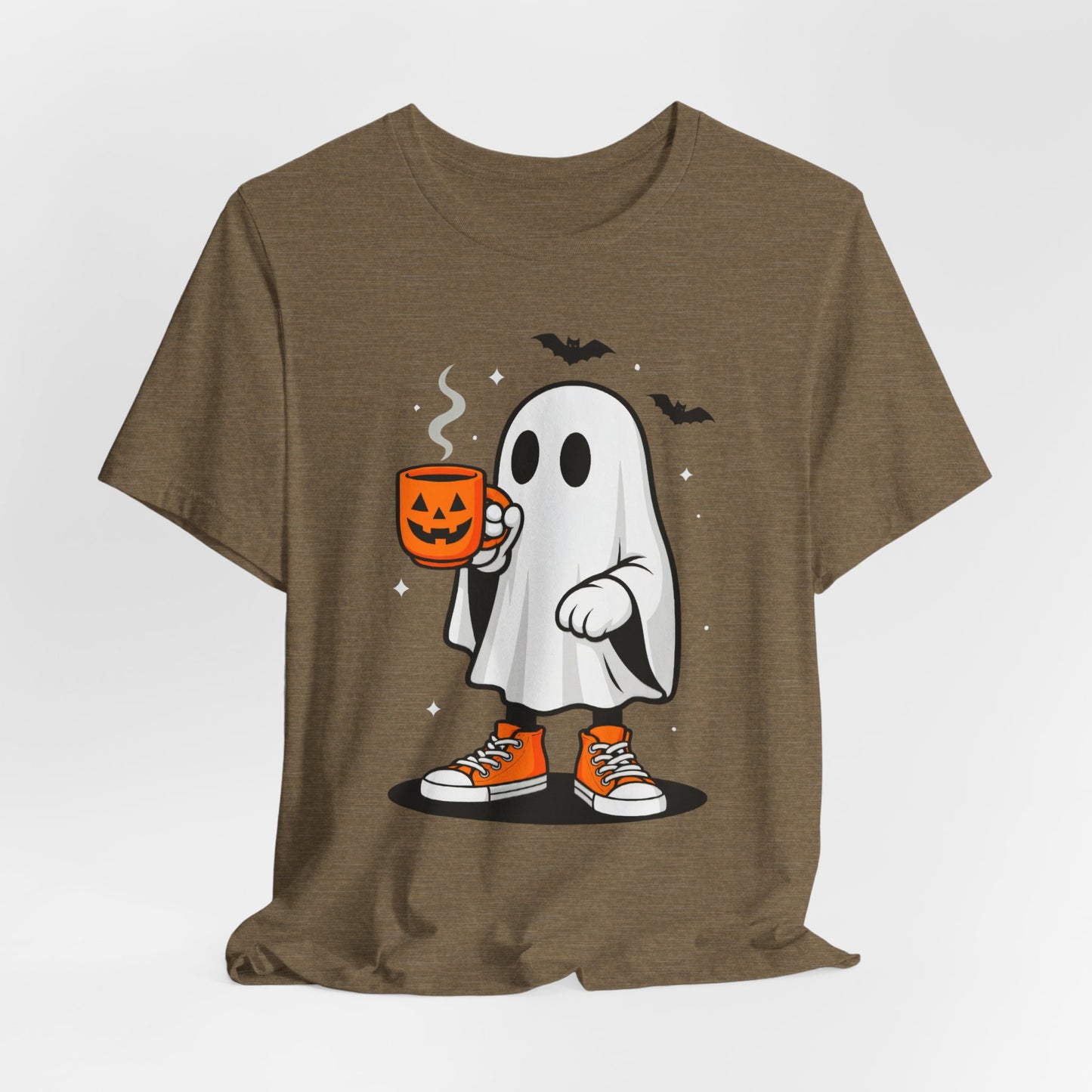 Halloween Ghost Graphic Tee, Spooky T-Shirt, Unisex Short Sleeve Shirt, Fall Fashion, Pumpkin Mug Design