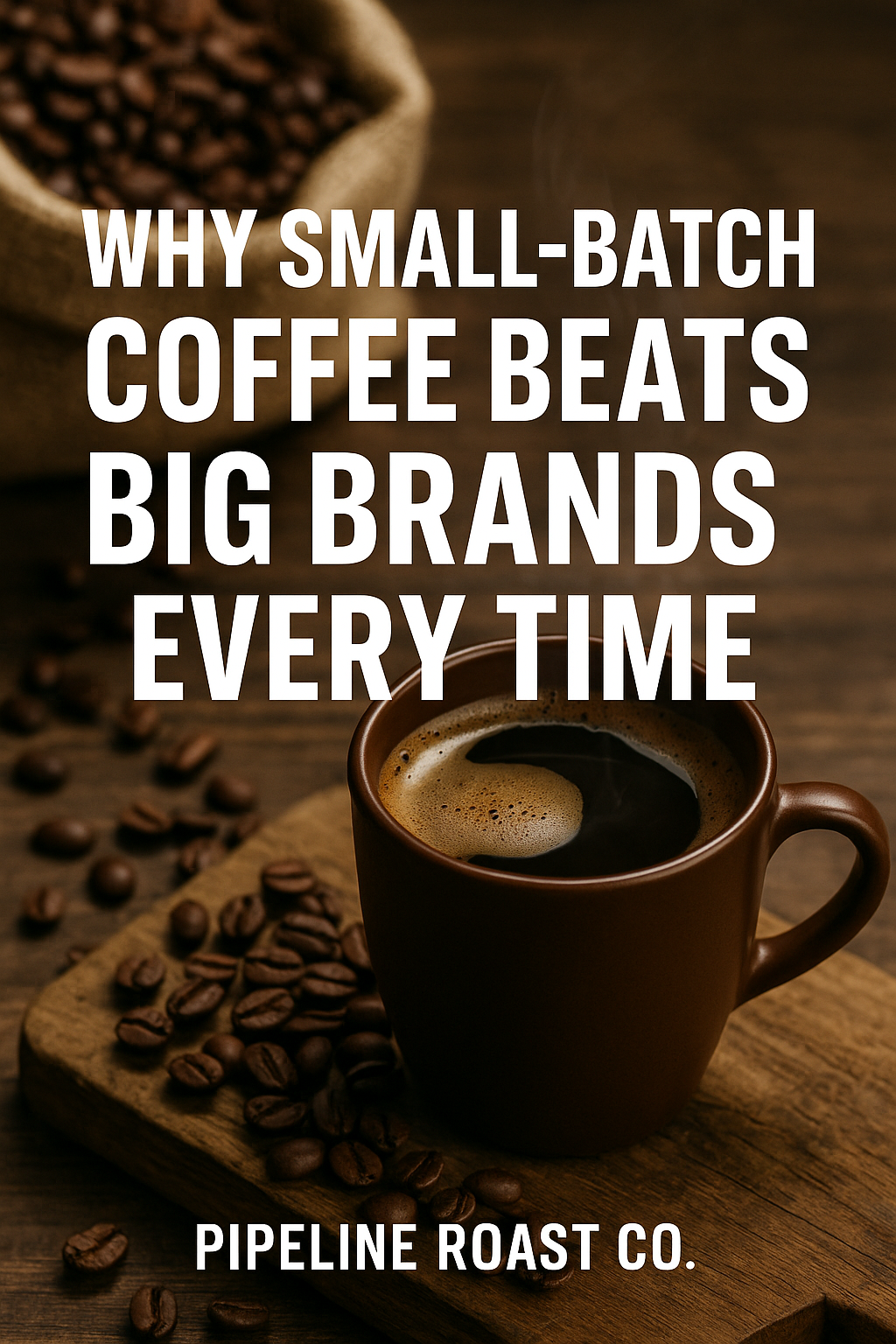 Brown Coffee mug filled with freshly brewed Pipeline Roast Co. coffee surrounded by roasted beans on a wooden table, representing light, medium, and dark roasts for the ultimate coffee roast guide.