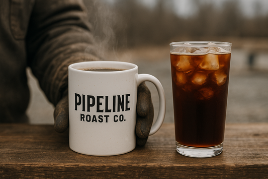 Man holding a steaming mug of Pipeline Roast Co. coffee on a cold morning beside an iced cold brew for summer — showcasing how weather changes coffee taste.