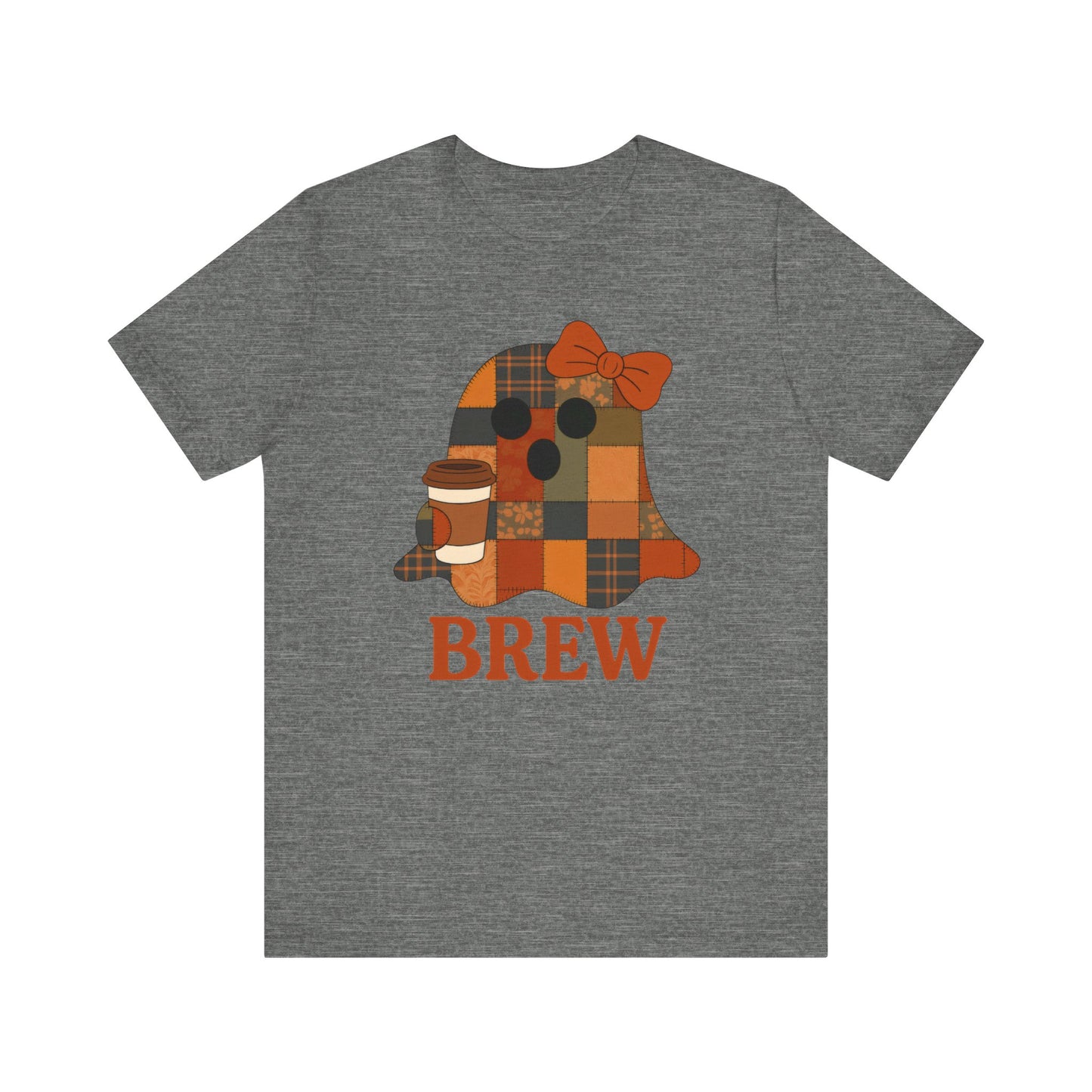 Patchwork Ghost Coffee Halloween Shirt – Quilted Fall Plaid Brew Tee for Coffee Lovers