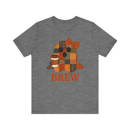 Patchwork Ghost Coffee Halloween Shirt – Quilted Fall Plaid Brew Tee for Coffee Lovers