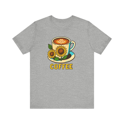 Coffee Lover Tee, Unisex Coffee Short Sleeve Shirt, Sunflower Graphic Tee, Best Gift for Baristas, Casual Summer Wear