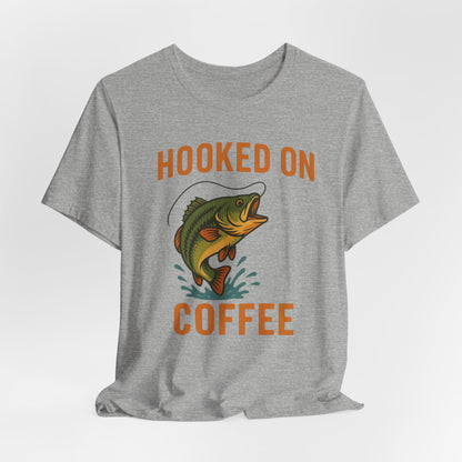 Hooked on Coffee Fishing Tee | Unisex Jersey Short Sleeve T-Shirt, Great for Outdoors, Gifts for Fishermen, Coffee Lovers, Casual Wear