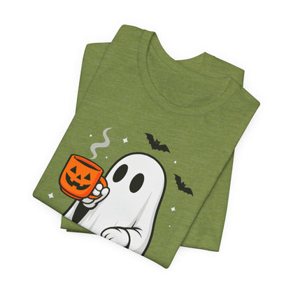 Halloween Ghost Graphic Tee, Spooky T-Shirt, Unisex Short Sleeve Shirt, Fall Fashion, Pumpkin Mug Design