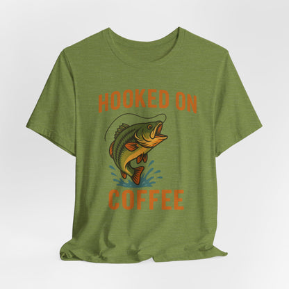 Hooked on Coffee Fishing Tee | Unisex Jersey Short Sleeve T-Shirt, Great for Outdoors, Gifts for Fishermen, Coffee Lovers, Casual Wear