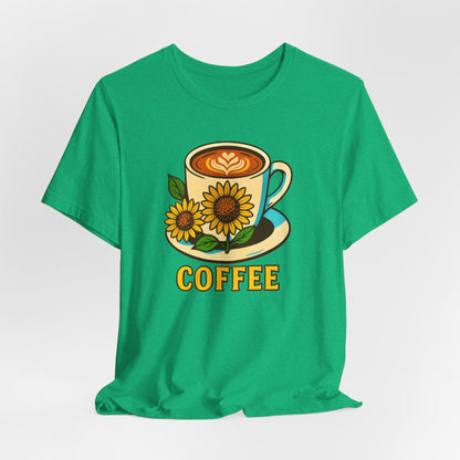 Coffee Lover Tee, Unisex Coffee Short Sleeve Shirt, Sunflower Graphic Tee, Best Gift for Baristas, Casual Summer Wear