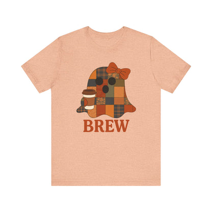 Patchwork Ghost Coffee Halloween Shirt – Quilted Fall Plaid Brew Tee for Coffee Lovers