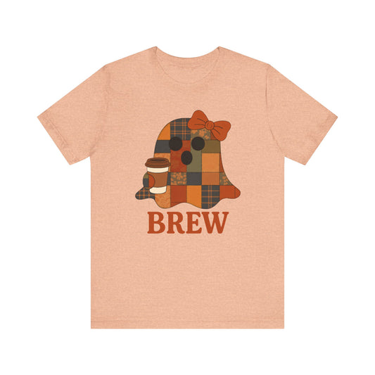Patchwork Ghost Coffee Halloween Shirt – Quilted Fall Plaid Brew Tee for Coffee Lovers