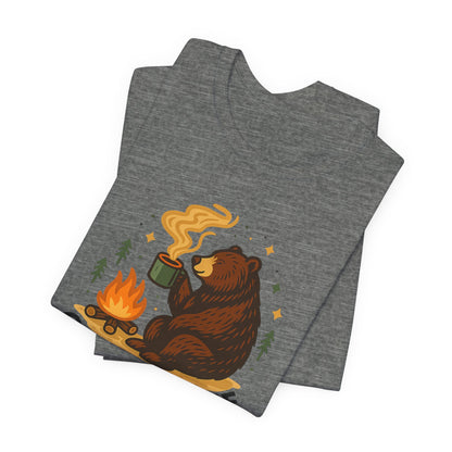 Cozy Campfire T-Shirt, Bear Graphic Tee, Outdoorsy Shirt, Coffee Lovers Gift, Adventure Clothing, Father's Day, Summer Camping Gear