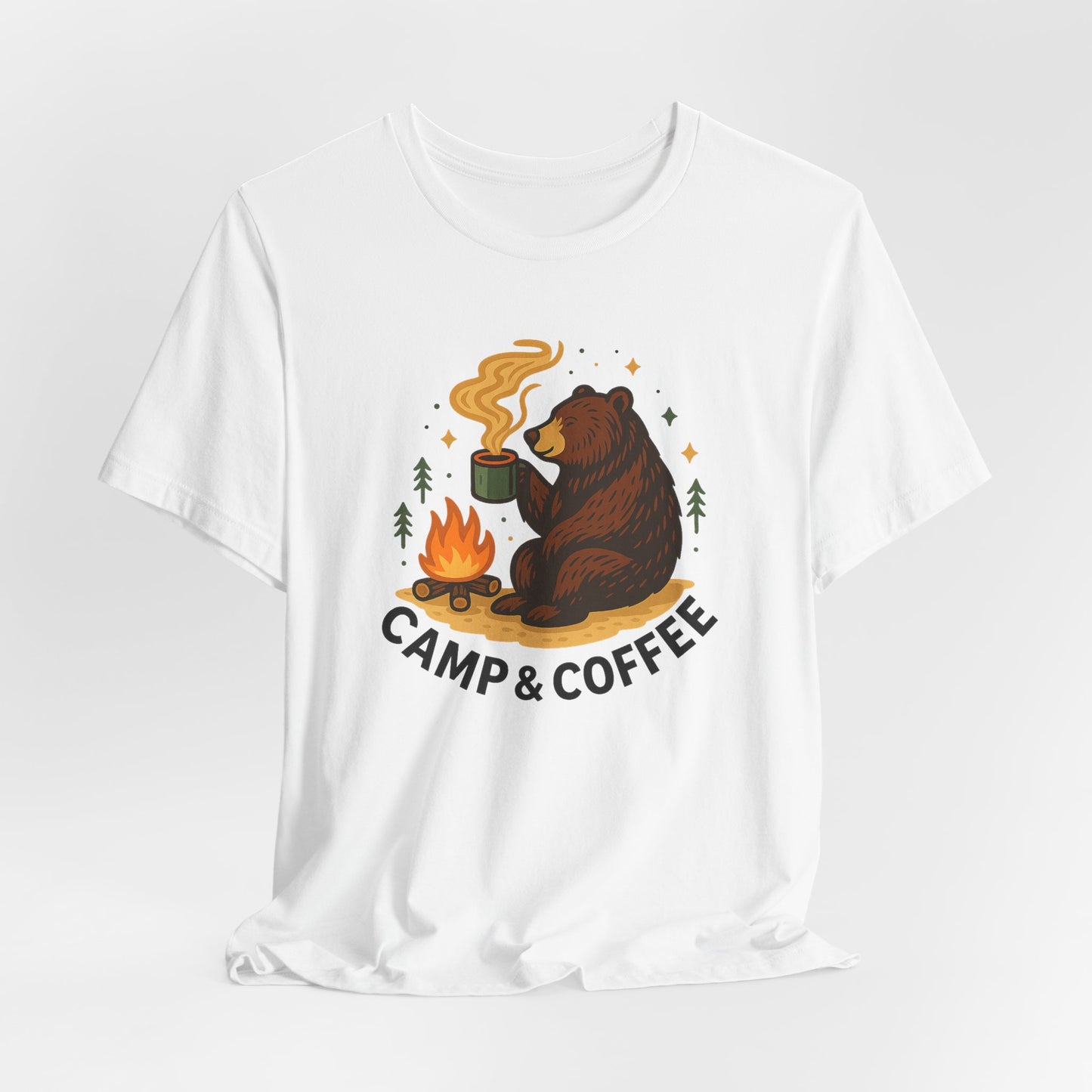 Cozy Campfire T-Shirt, Bear Graphic Tee, Outdoorsy Shirt, Coffee Lovers Gift, Adventure Clothing, Father's Day, Summer Camping Gear