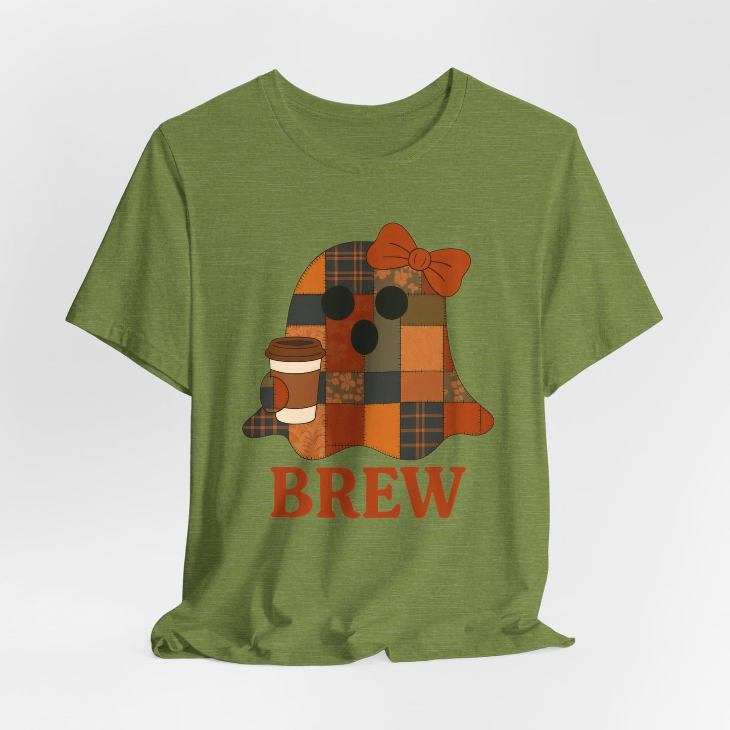 Patchwork Ghost Coffee Halloween Shirt – Quilted Fall Plaid Brew Tee for Coffee Lovers