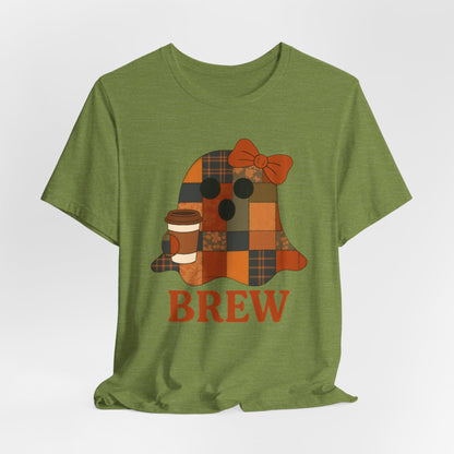 Patchwork Ghost Coffee Halloween Shirt – Quilted Fall Plaid Brew Tee for Coffee Lovers