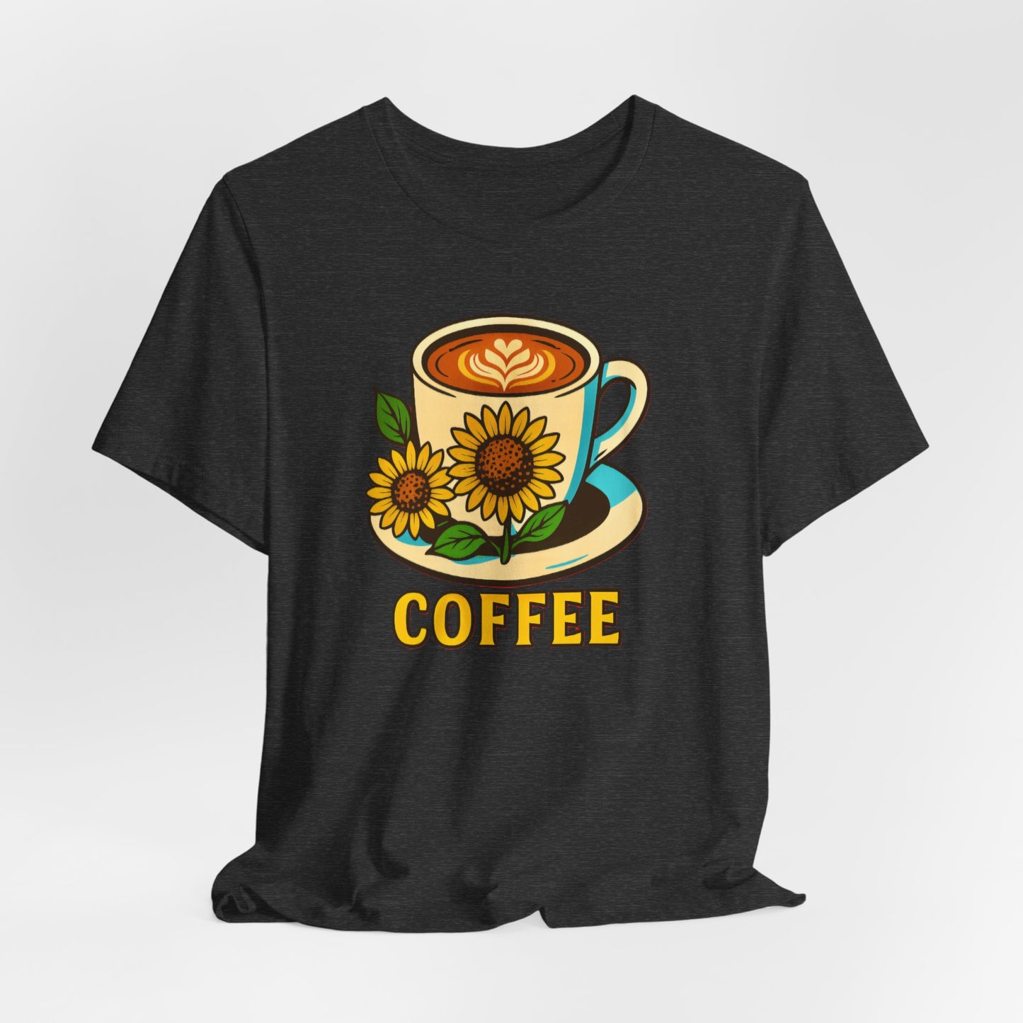 Coffee Lover Tee, Unisex Coffee Short Sleeve Shirt, Sunflower Graphic Tee, Best Gift for Baristas, Casual Summer Wear