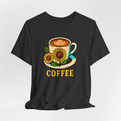 Coffee Lover Tee, Unisex Coffee Short Sleeve Shirt, Sunflower Graphic Tee, Best Gift for Baristas, Casual Summer Wear