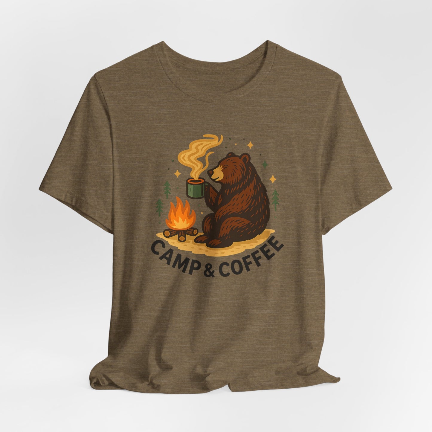 Cozy Campfire T-Shirt, Bear Graphic Tee, Outdoorsy Shirt, Coffee Lovers Gift, Adventure Clothing, Father's Day, Summer Camping Gear