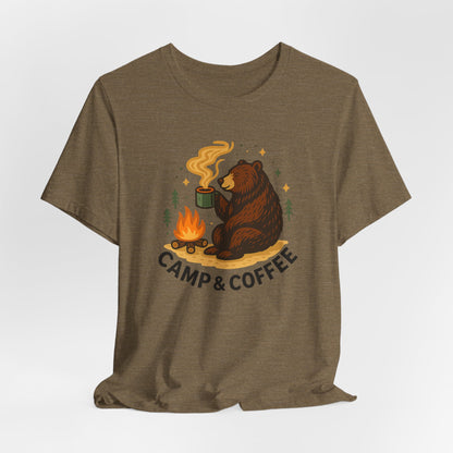 Cozy Campfire T-Shirt, Bear Graphic Tee, Outdoorsy Shirt, Coffee Lovers Gift, Adventure Clothing, Father's Day, Summer Camping Gear