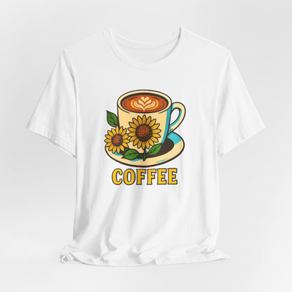 Coffee Lover Tee, Unisex Coffee Short Sleeve Shirt, Sunflower Graphic Tee, Best Gift for Baristas, Casual Summer Wear