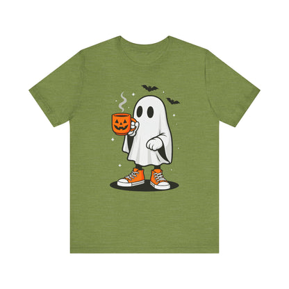 Halloween Ghost Graphic Tee, Spooky T-Shirt, Unisex Short Sleeve Shirt, Fall Fashion, Pumpkin Mug Design