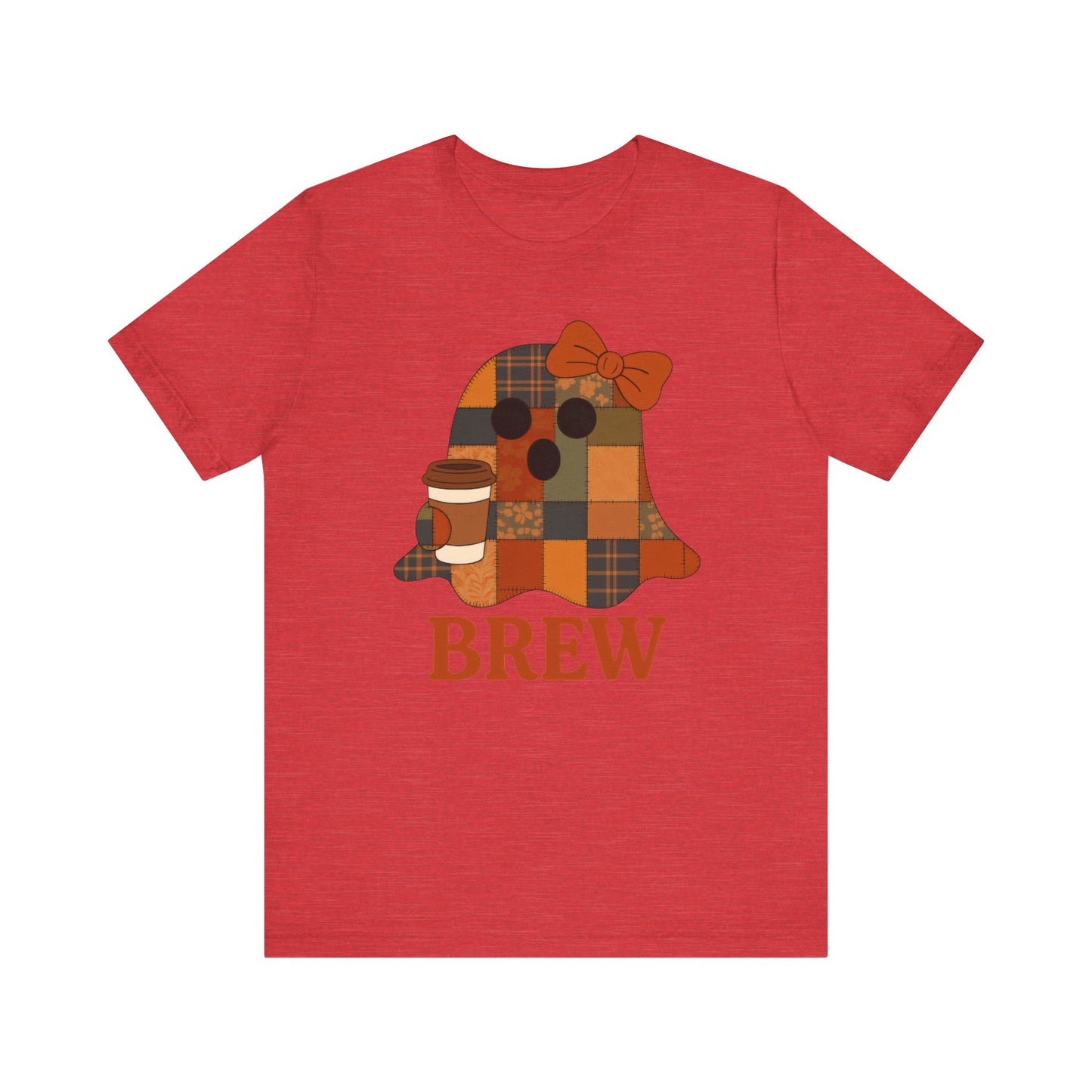 Patchwork Ghost Coffee Halloween Shirt – Quilted Fall Plaid Brew Tee for Coffee Lovers