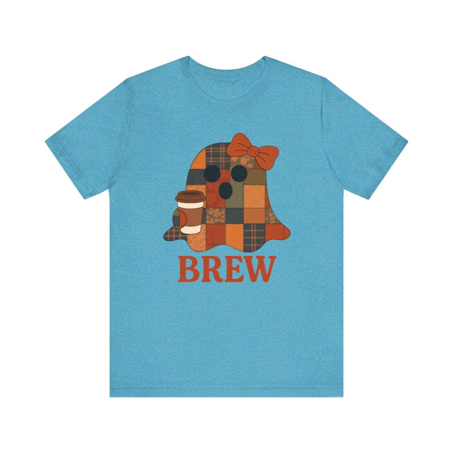 Patchwork Ghost Coffee Halloween Shirt – Quilted Fall Plaid Brew Tee for Coffee Lovers