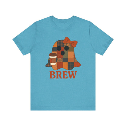 Patchwork Ghost Coffee Halloween Shirt – Quilted Fall Plaid Brew Tee for Coffee Lovers