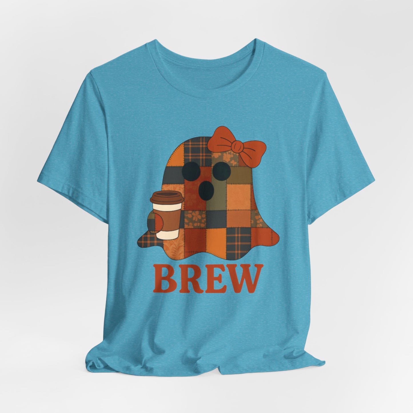 Patchwork Ghost Coffee Halloween Shirt – Quilted Fall Plaid Brew Tee for Coffee Lovers
