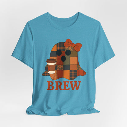 Patchwork Ghost Coffee Halloween Shirt – Quilted Fall Plaid Brew Tee for Coffee Lovers