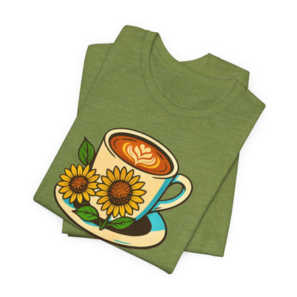 Coffee Lover Tee, Unisex Coffee Short Sleeve Shirt, Sunflower Graphic Tee, Best Gift for Baristas, Casual Summer Wear