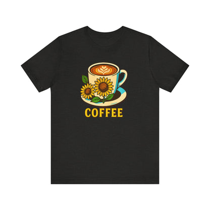 Coffee Lover Tee, Unisex Coffee Short Sleeve Shirt, Sunflower Graphic Tee, Best Gift for Baristas, Casual Summer Wear