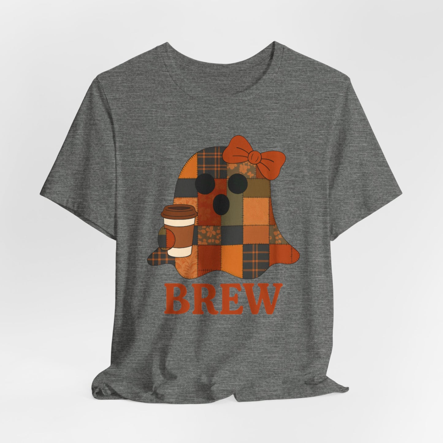 Patchwork Ghost Coffee Halloween Shirt – Quilted Fall Plaid Brew Tee for Coffee Lovers