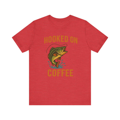 Hooked on Coffee Fishing Tee | Unisex Jersey Short Sleeve T-Shirt, Great for Outdoors, Gifts for Fishermen, Coffee Lovers, Casual Wear