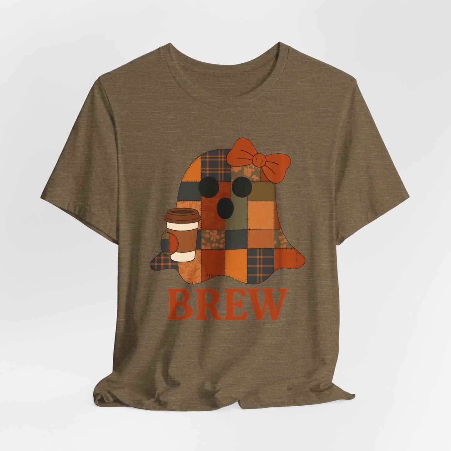 Patchwork Ghost Coffee Halloween Shirt – Quilted Fall Plaid Brew Tee for Coffee Lovers