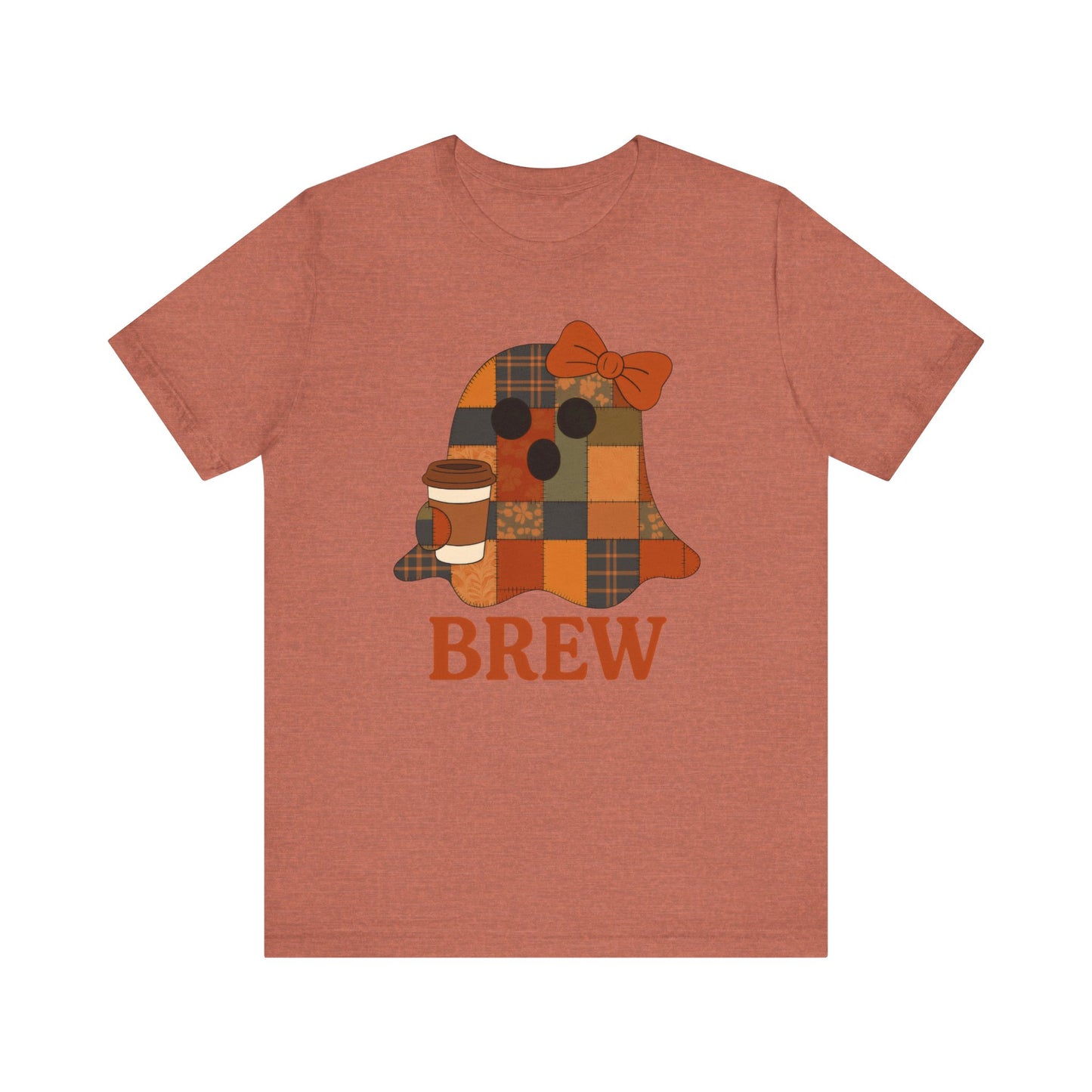 Patchwork Ghost Coffee Halloween Shirt – Quilted Fall Plaid Brew Tee for Coffee Lovers