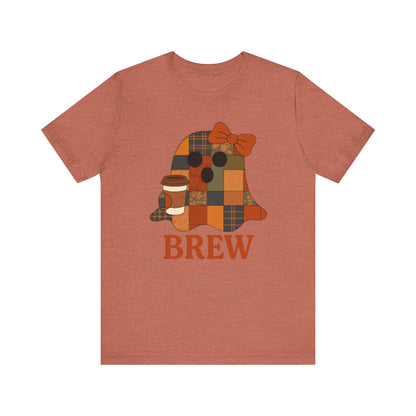 Patchwork Ghost Coffee Halloween Shirt – Quilted Fall Plaid Brew Tee for Coffee Lovers